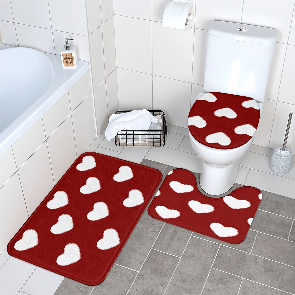 3pcs Valentine'S Day Bathroom Mat Set - Non-Slip, Machine Washable, Knit Polyester Bath Rug, Contour Mat, and Toilet Lid Cover - 550gsm, 1.2cm Thick, Rectangle Home Decor
