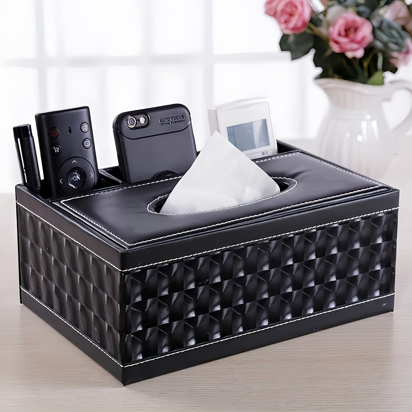 Black Faux Leather Tissue Box with Remote Control Holder & Smartphone Stand – Stylish Storage for Coffee Table, Living Room, and Home Essentials, Cute Tissue Box