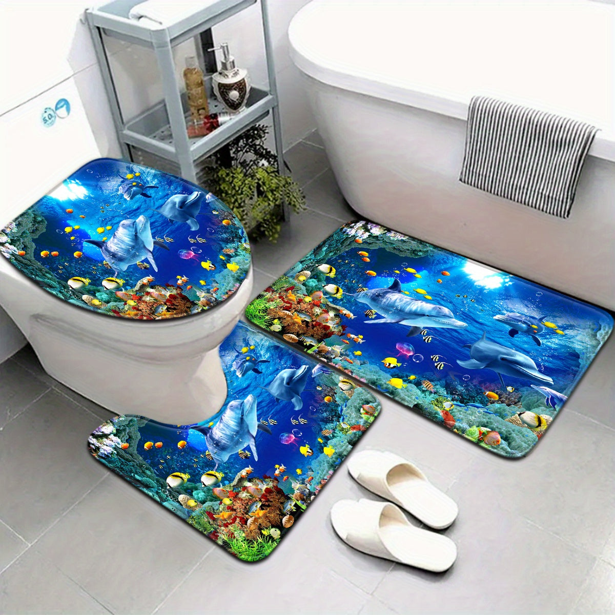 Open 3pcs Underwater World Series Colorful Jellyfish Dolphin Pattern Bathroom Mat Set Toilet Seat Ring U-shaped Foot Pad