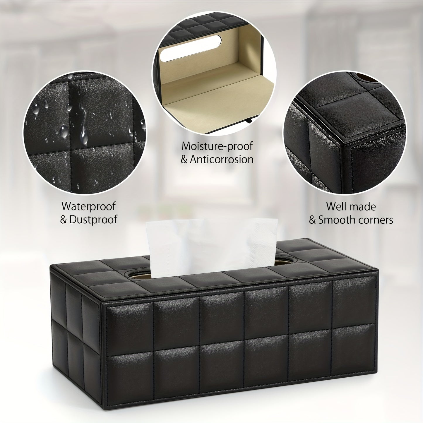 1pc, Tissue Box, Black Grid Rectangular Large Size Tissue Box, Home Daily Use Desktop Tissue Storage Box, Suitable For Bedroom, Living Room And Car, Home Decoration, Kitchen Gadgets, Christmas Decorations