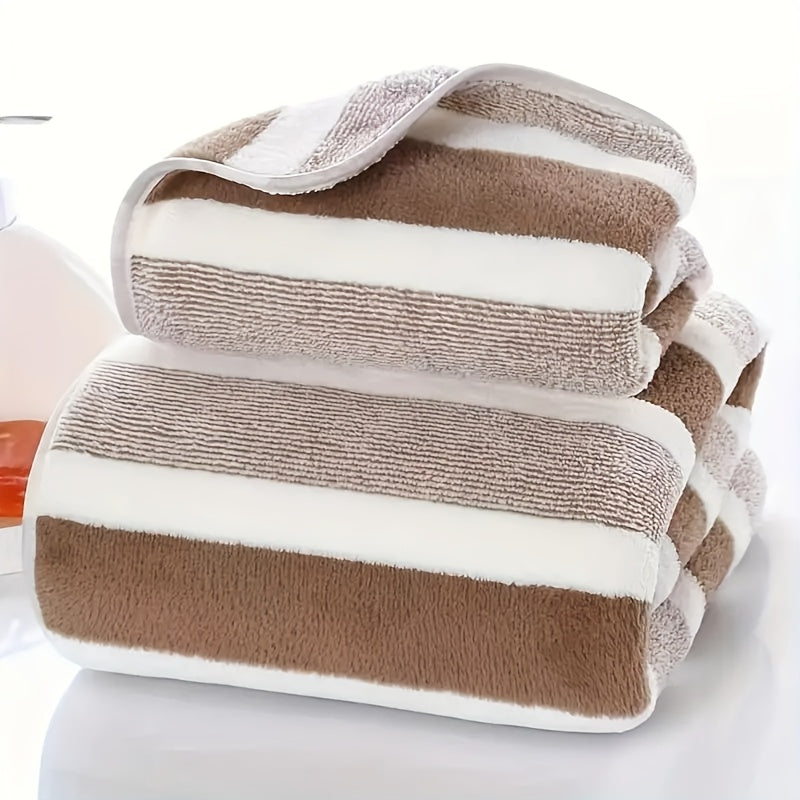 2pcs\u002Fset Ultra-Soft Striped Towel Set | 1 Bath Towel & 1 Hair Towel | Highly Absorbent Polyester | Autumn & Winter Comfort | Home Essentials