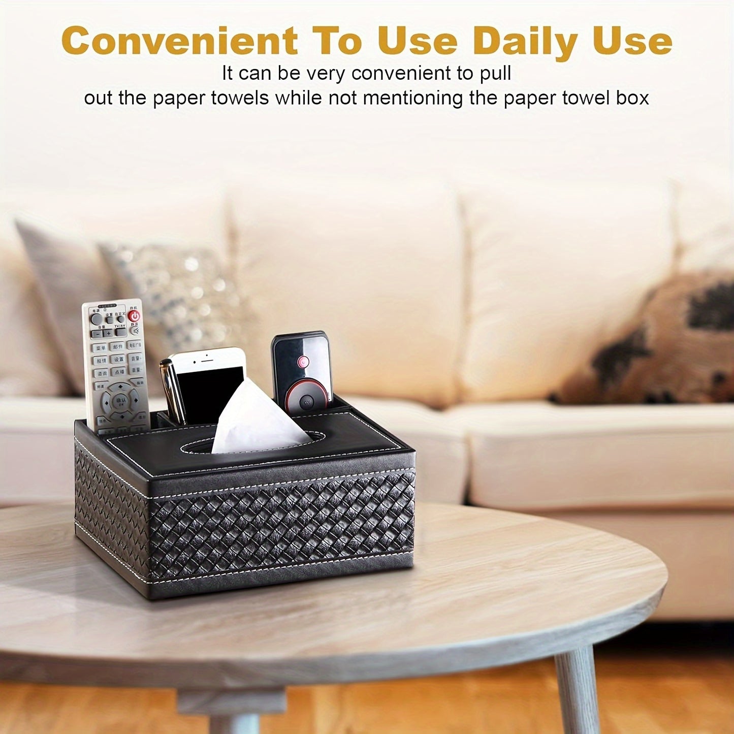 Black Faux Leather Tissue Box with Remote Control Holder & Smartphone Stand – Stylish Storage for Coffee Table, Living Room, and Home Essentials, Cute Tissue Box
