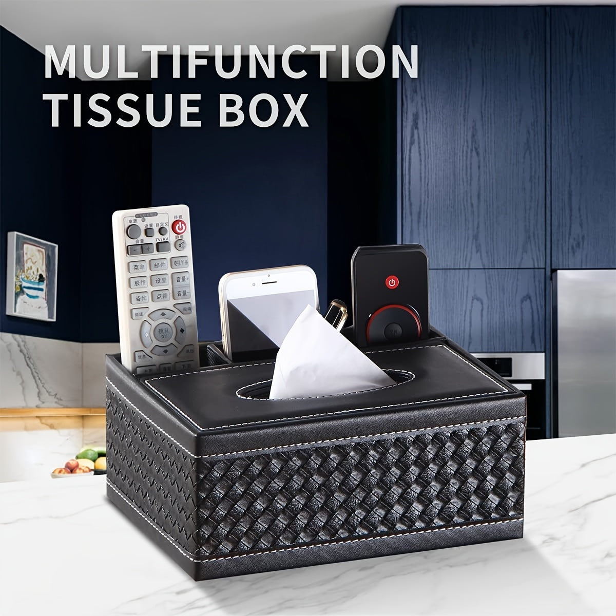 Black Faux Leather Tissue Box with Remote Control Holder & Smartphone Stand – Stylish Storage for Coffee Table, Living Room, and Home Essentials, Cute Tissue Box