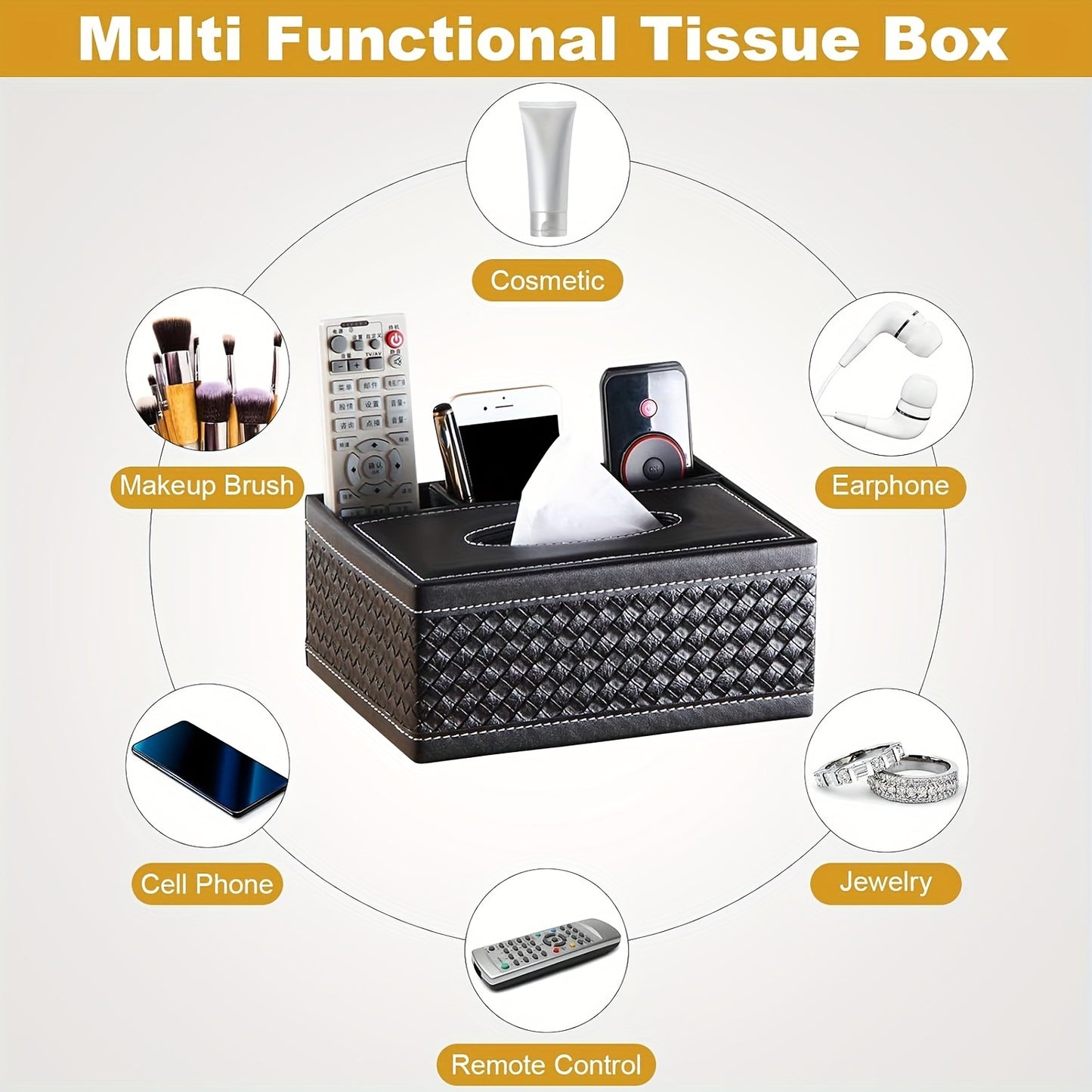 Black Faux Leather Tissue Box with Remote Control Holder & Smartphone Stand – Stylish Storage for Coffee Table, Living Room, and Home Essentials, Cute Tissue Box