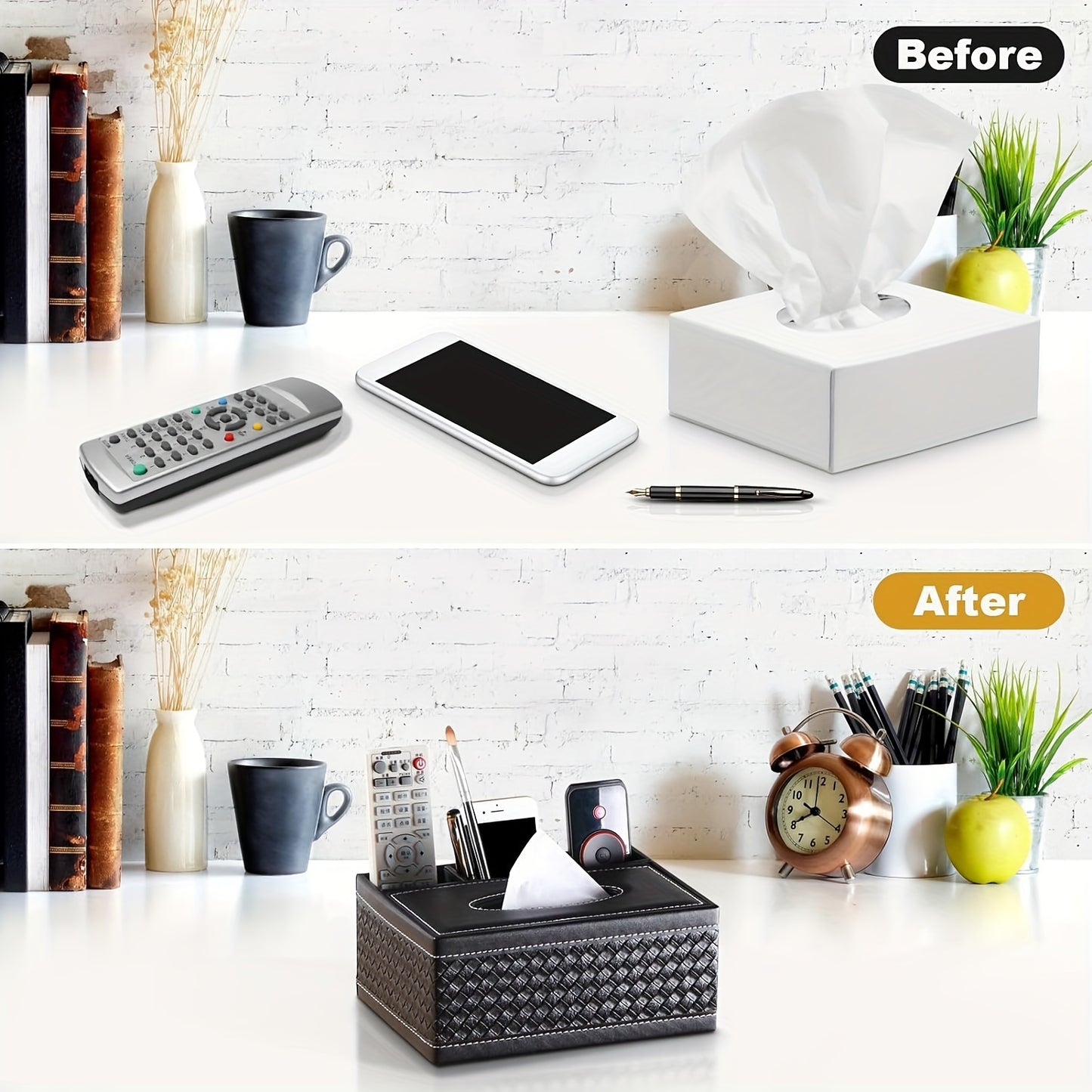 Black Faux Leather Tissue Box with Remote Control Holder & Smartphone Stand – Stylish Storage for Coffee Table, Living Room, and Home Essentials, Cute Tissue Box