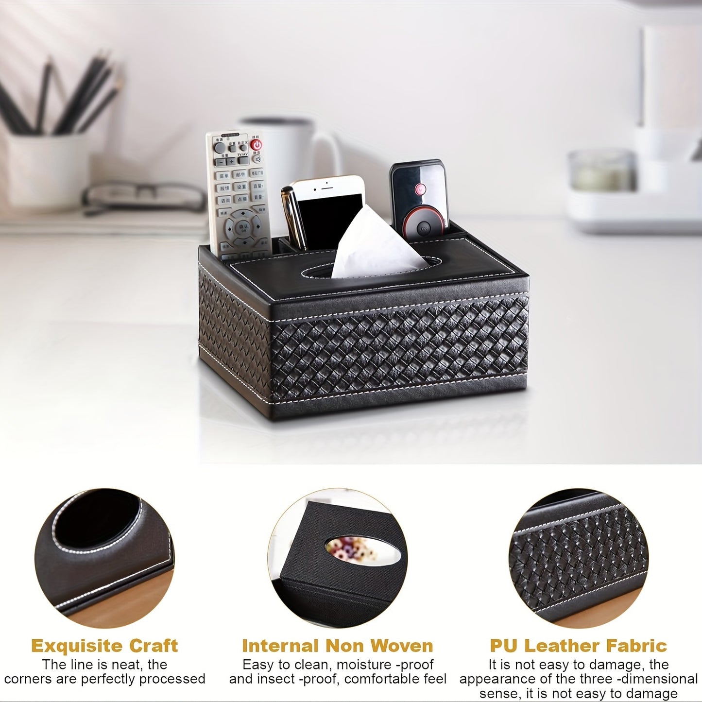 Black Faux Leather Tissue Box with Remote Control Holder & Smartphone Stand – Stylish Storage for Coffee Table, Living Room, and Home Essentials, Cute Tissue Box