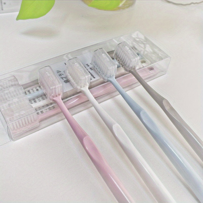 Set of 4 Soft-Bristled Toothbrushes in Japanese Macaron Colors, Complete with Protective Cases - Ideal for Portable And Professional Dental Hygiene for Adults.