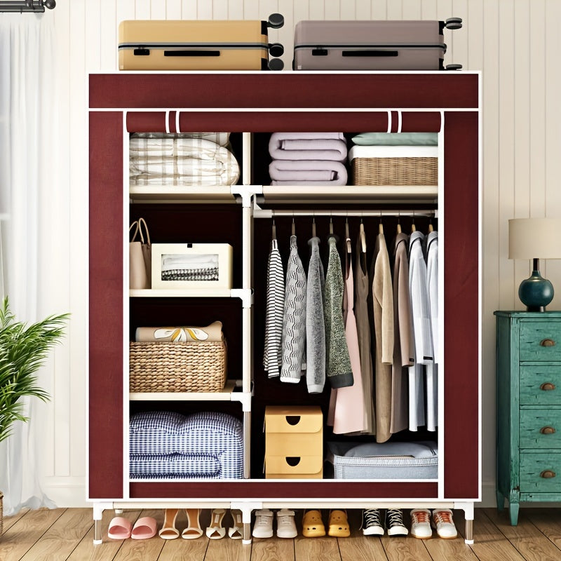 Sturdy Red & White Rolling Closet with Steel Frame – Easy Assembly, Multiple Compartments, Shelves & Hanging Rod for Bedroom, Rental Home, or Small Spaces, Portable Closet