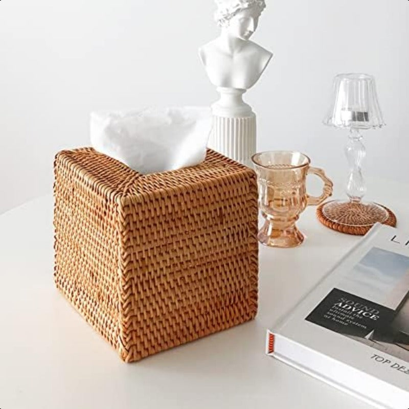 Natural Woven Rattan Tissue Box Cover - Stylish Square Napkin Holder with Lid, 5.5x5.5x5.9 Inch, Perfect for Kitchen & Dining Decor