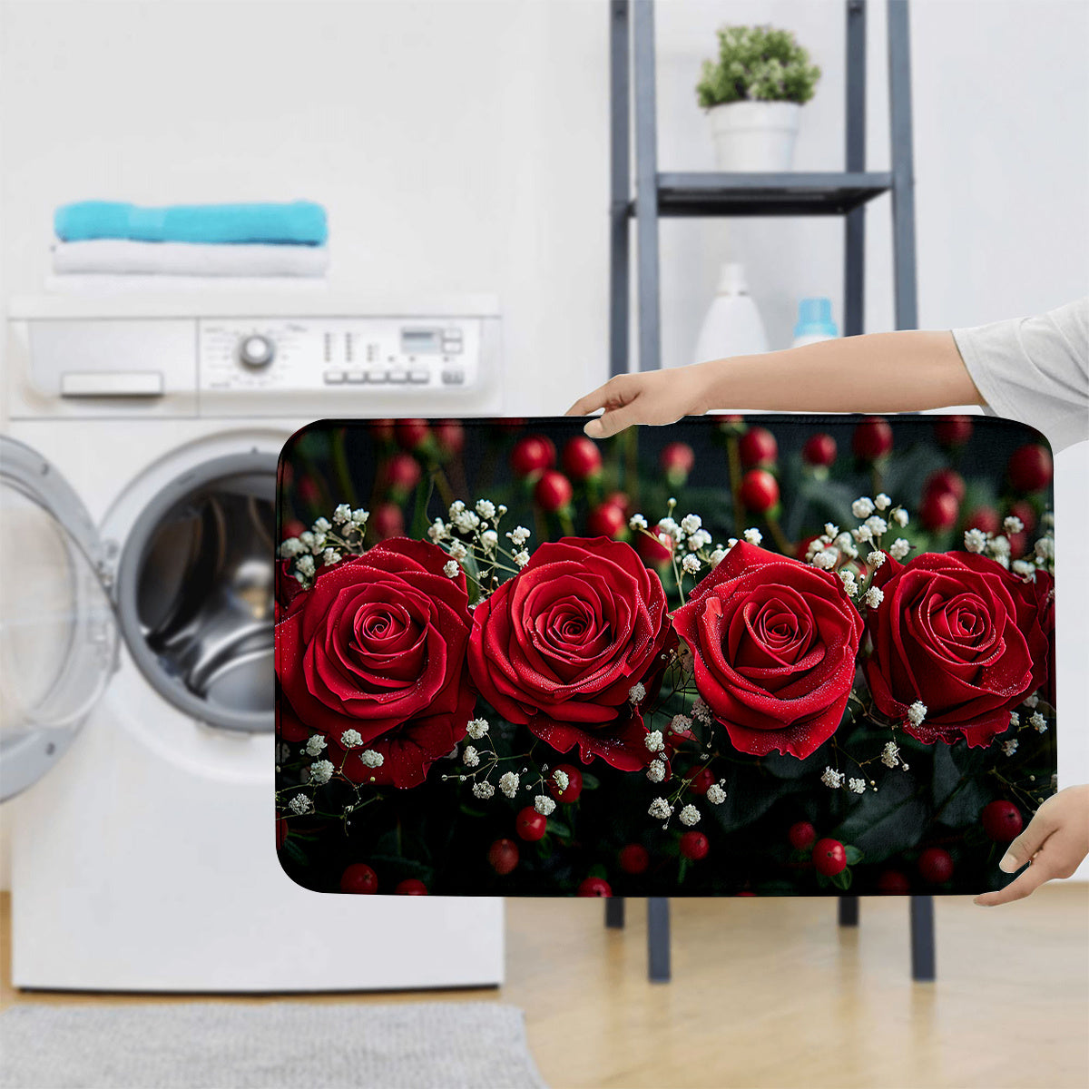 3pcs Beautiful Red Rose Pattern Bathroom Rugs, Bath Mat Set, Thickened Non-Slip Soft Fine Washable Rug, Bathroom Decorations, Set Includes Bath Blanket, Contour Mat And Toilet Lid Christmas Decoration