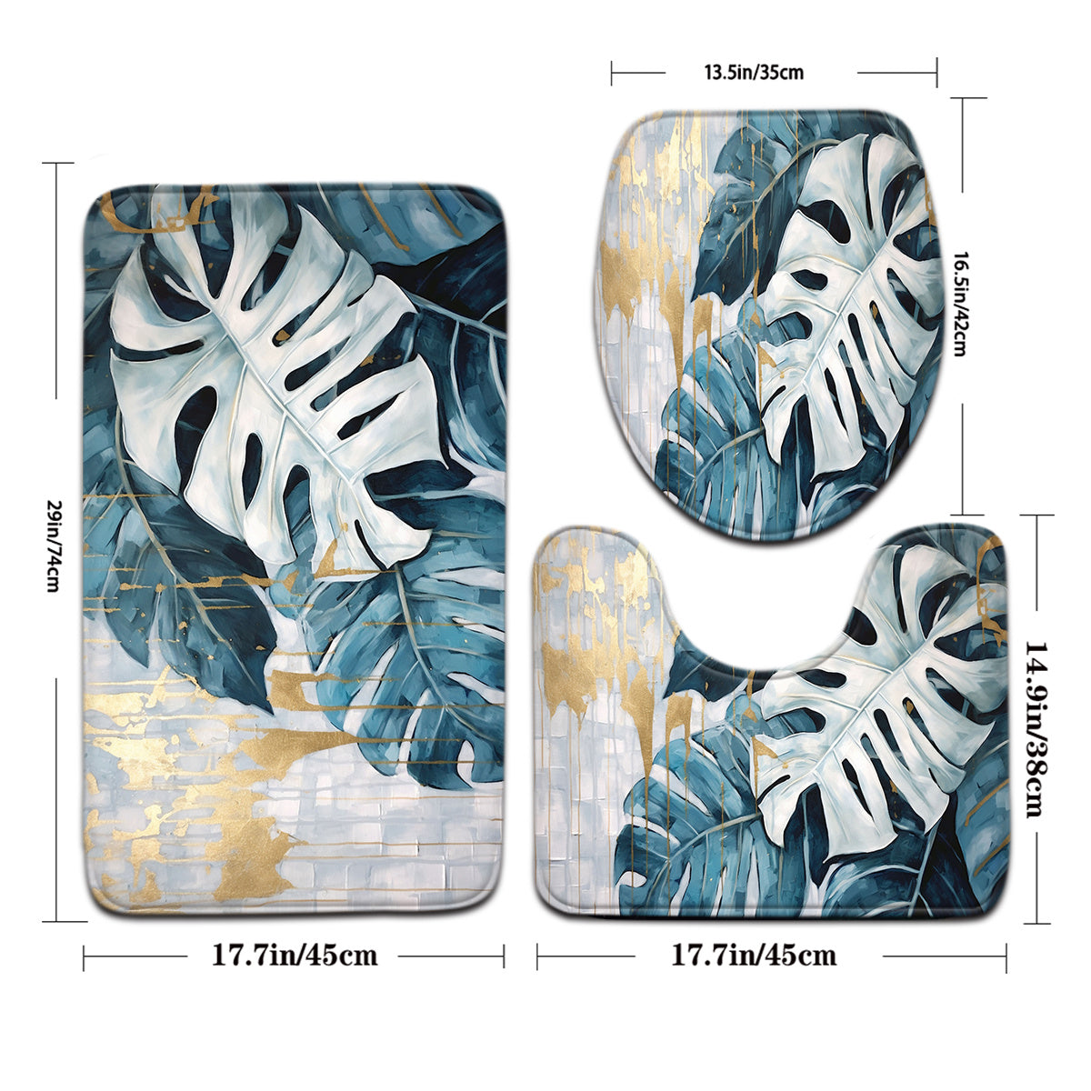 3pcs Blue And White Turtle Back Leaf Pattern Bathroom Mat Set with Toilet Seat Cover And U-Shaped Foot Pad.