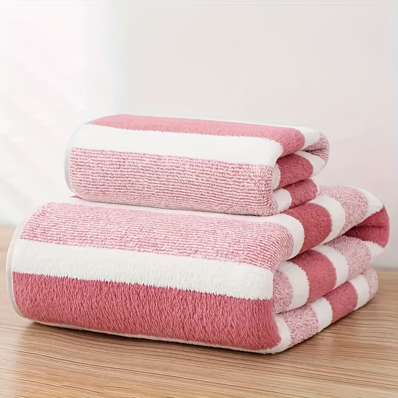 2pcs\u002Fset Ultra-Soft Striped Towel Set | 1 Bath Towel & 1 Hair Towel | Highly Absorbent Polyester | Autumn & Winter Comfort | Home Essentials