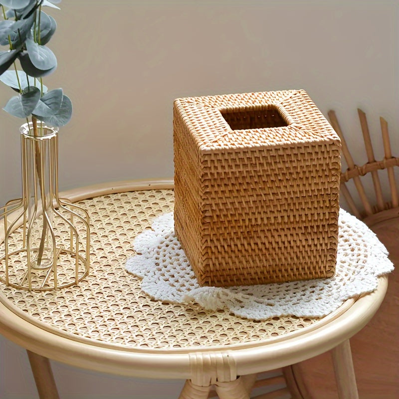 Handcrafted Square Rattan Tissue Box - Japanese Style Wicker Organizer for Desktop, Perfect for Kitchen, Bathroom, Bedroom & Office Decor