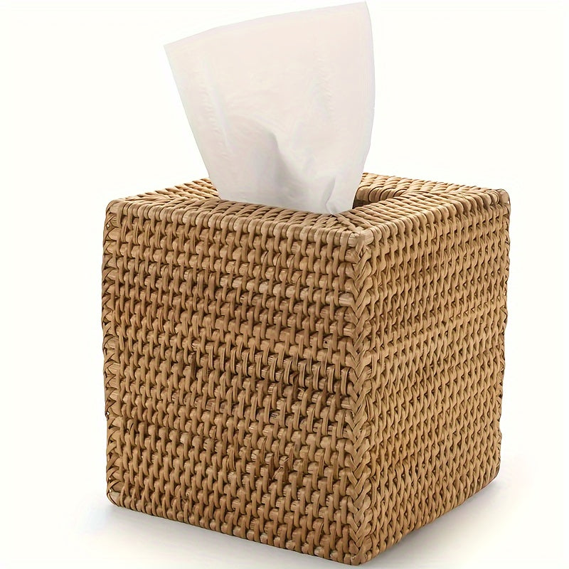 Handcrafted Square Rattan Tissue Box - Japanese Style Wicker Organizer for Desktop, Perfect for Kitchen, Bathroom, Bedroom & Office Decor
