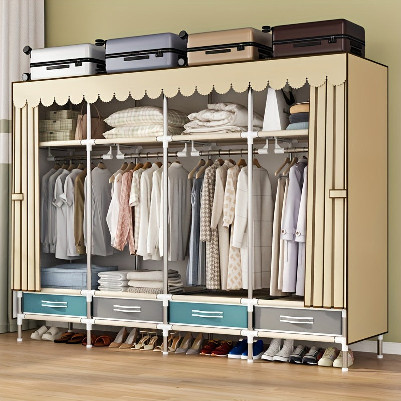 Simple Wardrobe with Drawers, Durable and Durable, Thickened, All-Steel Frame, Cloth Wardrobe, Storage for Rental Houses