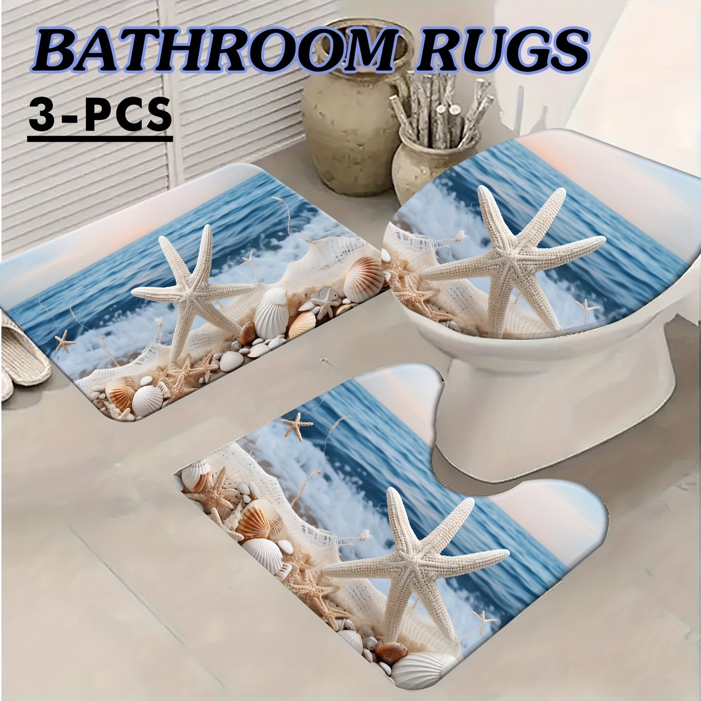 3-Piece Polyester Ocean Coastal Starfish Beach Bath Rugs Set - Machine Washable, Low Pile, Ground Mat, Toilet Seat Cushion, and U-Shaped Mat