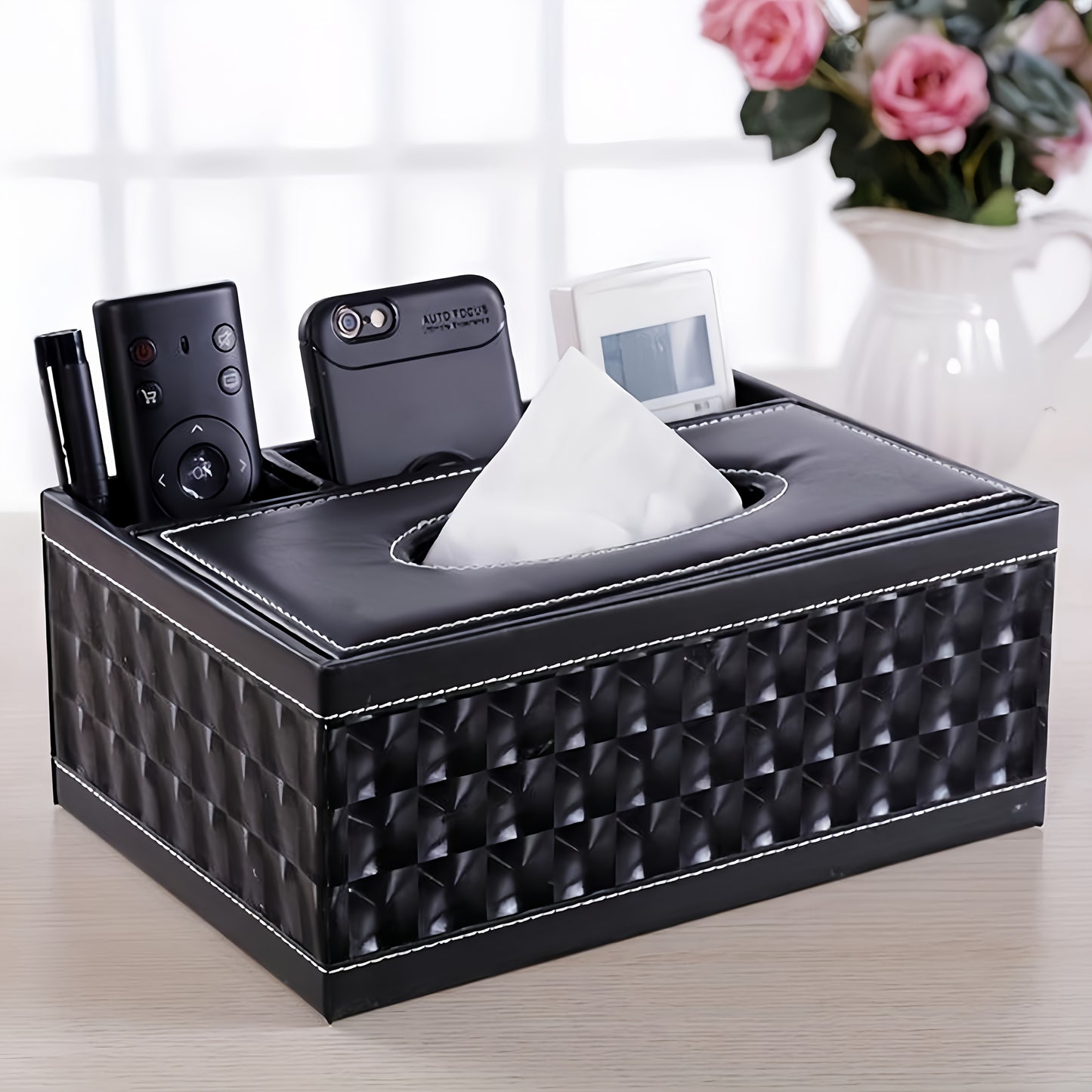 Black Faux Leather Tissue Box with Remote Control Holder & Smartphone Stand – Stylish Storage for Coffee Table, Living Room, and Home Essentials, Cute Tissue Box