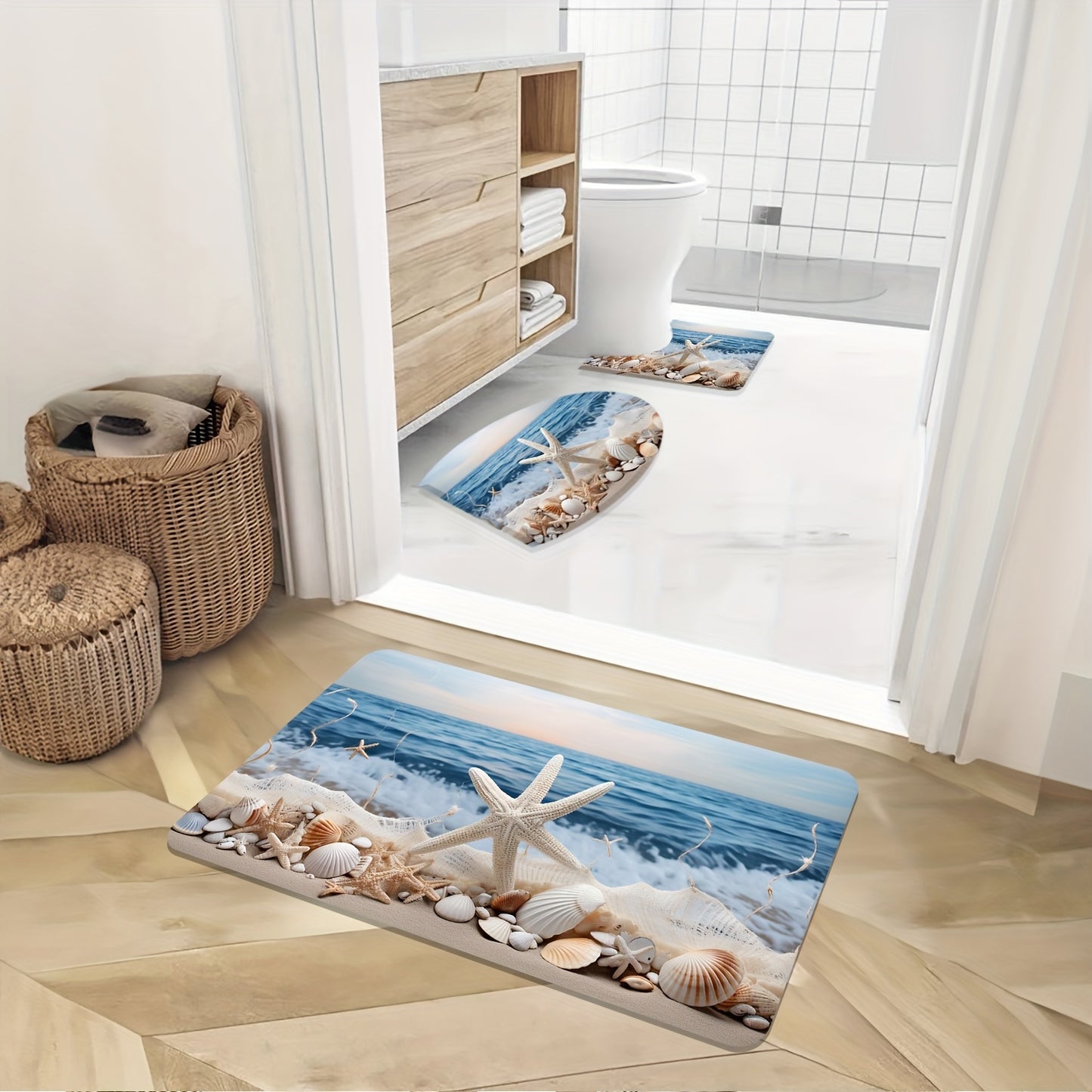 3-Piece Polyester Ocean Coastal Starfish Beach Bath Rugs Set - Machine Washable, Low Pile, Ground Mat, Toilet Seat Cushion, and U-Shaped Mat