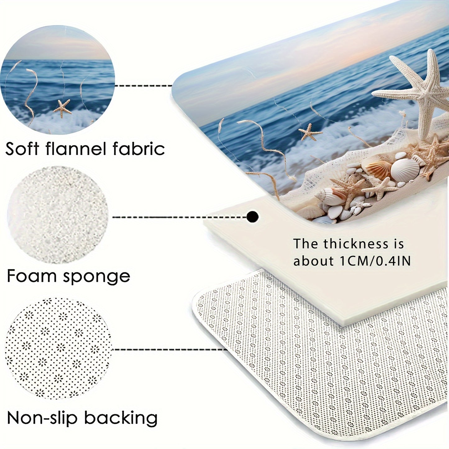 3-Piece Polyester Ocean Coastal Starfish Beach Bath Rugs Set - Machine Washable, Low Pile, Ground Mat, Toilet Seat Cushion, and U-Shaped Mat