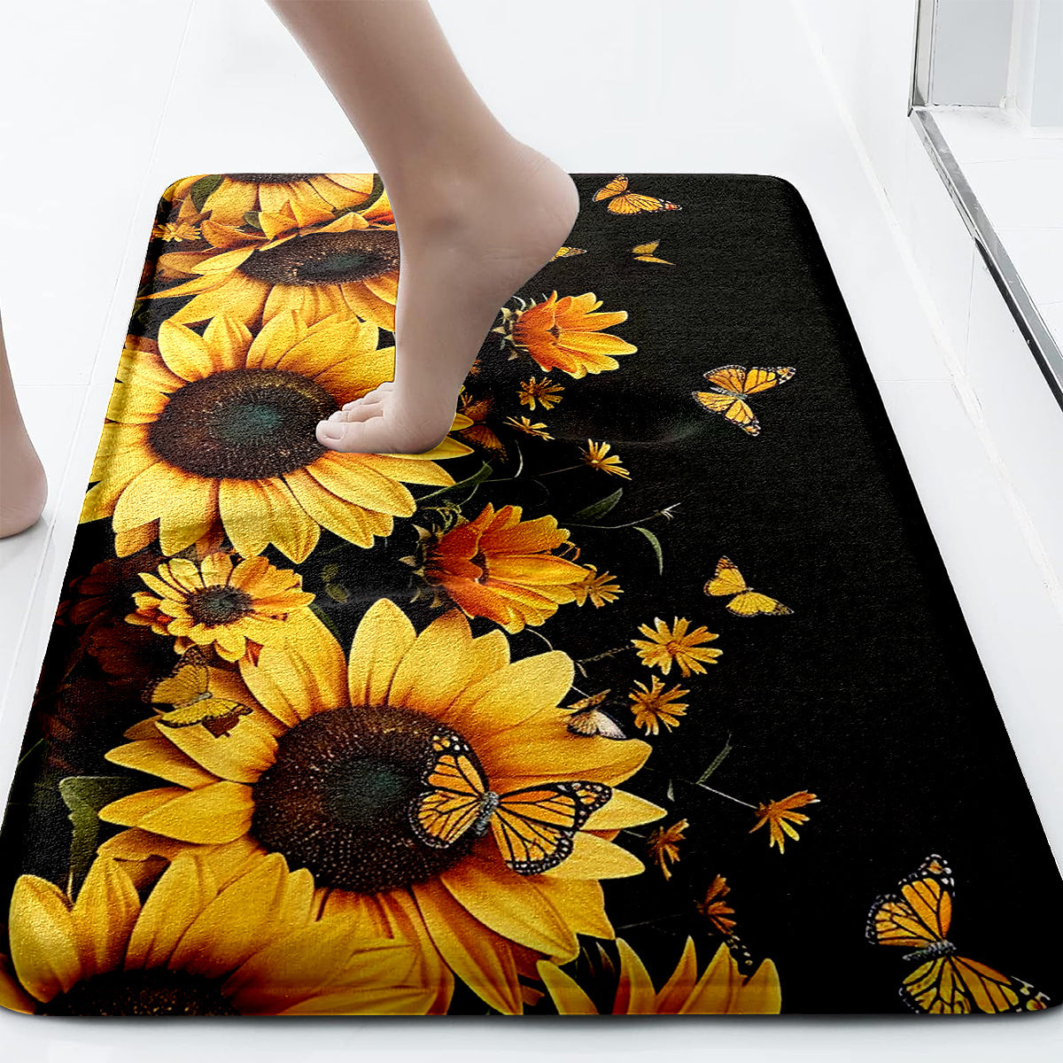 3pcs Sunflower & Butterfly Bathroom Rug Set - Thick, Non-Slip, Soft & Easy to Clean - Includes Bath Mat, Contour Pad & Toilet Lid Cover