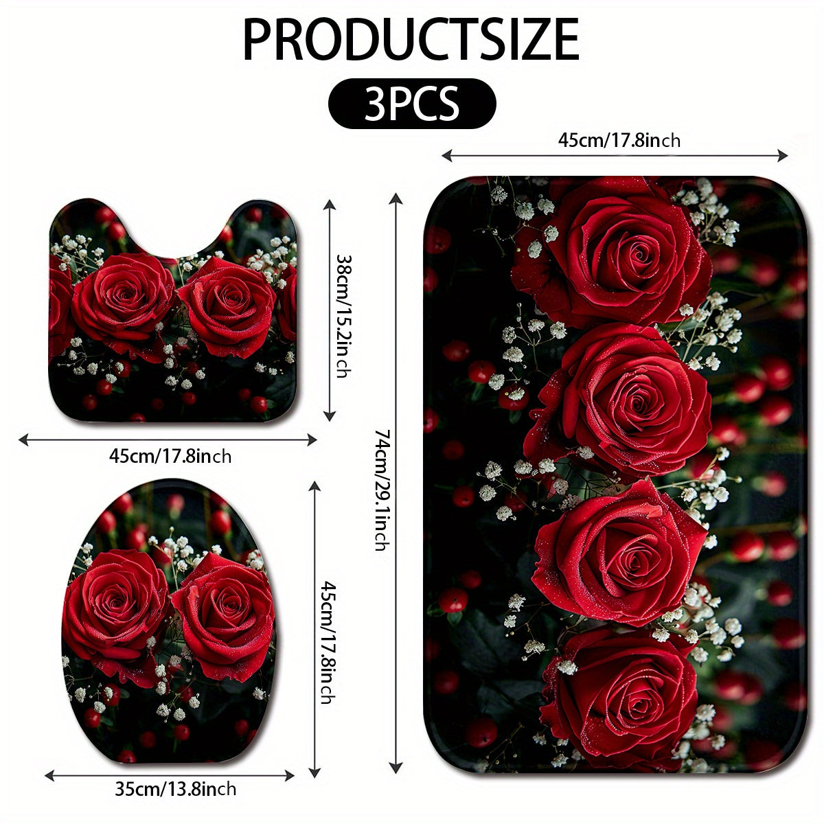 3pcs Beautiful Red Rose Pattern Bathroom Rugs, Bath Mat Set, Thickened Non-Slip Soft Fine Washable Rug, Bathroom Decorations, Set Includes Bath Blanket, Contour Mat And Toilet Lid Christmas Decoration