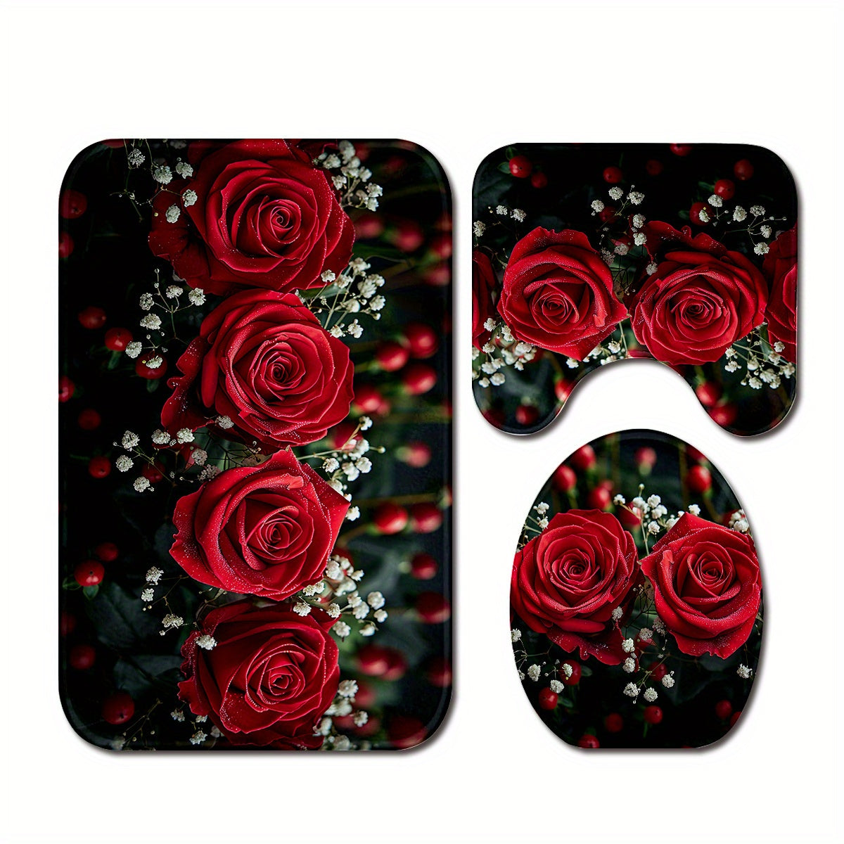 3pcs Beautiful Red Rose Pattern Bathroom Rugs, Bath Mat Set, Thickened Non-Slip Soft Fine Washable Rug, Bathroom Decorations, Set Includes Bath Blanket, Contour Mat And Toilet Lid Christmas Decoration