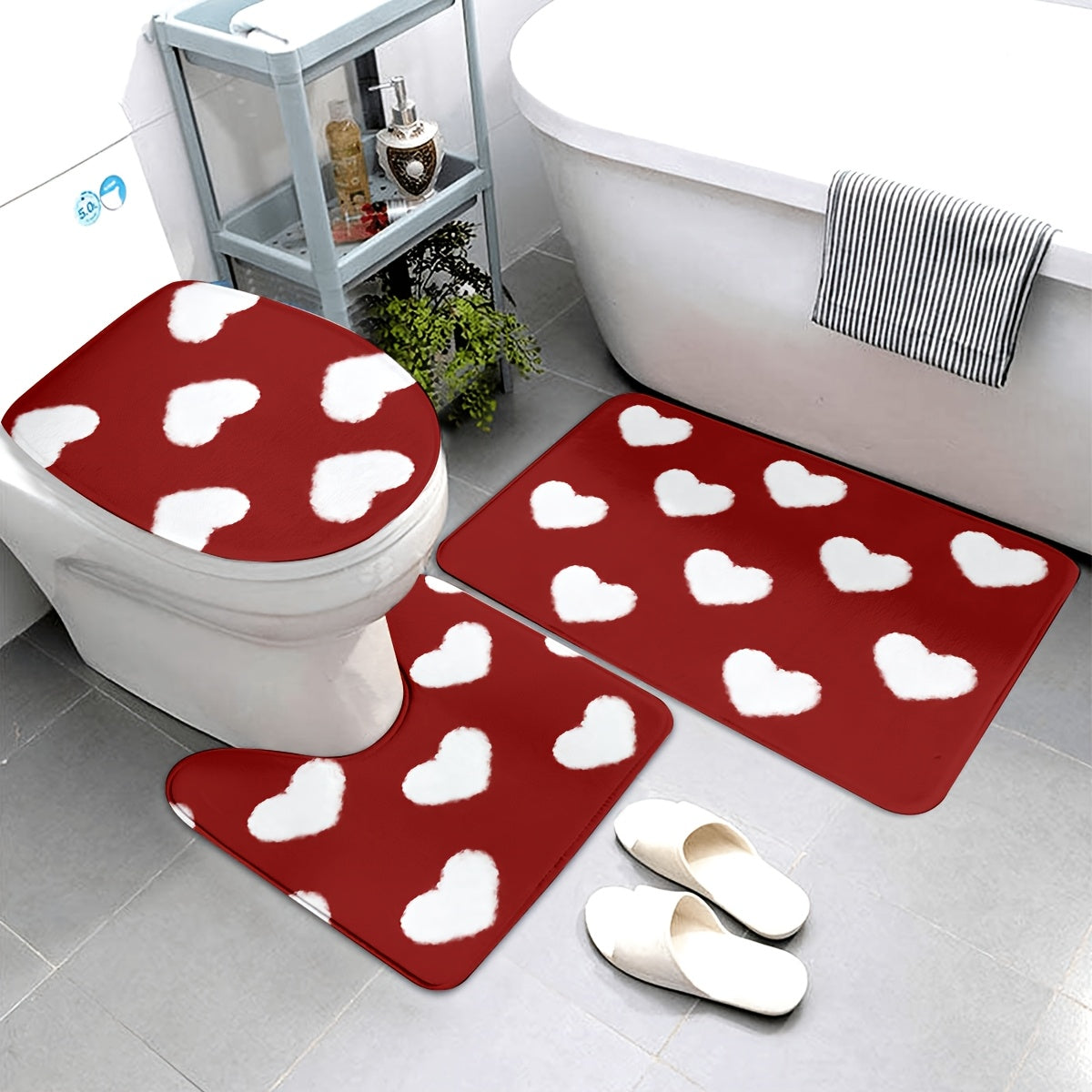 3pcs Valentine'S Day Bathroom Mat Set - Non-Slip, Machine Washable, Knit Polyester Bath Rug, Contour Mat, and Toilet Lid Cover - 550gsm, 1.2cm Thick, Rectangle Home Decor