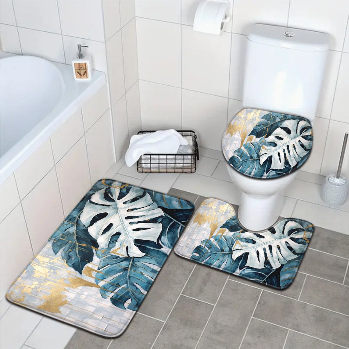 3pcs Blue And White Turtle Back Leaf Pattern Bathroom Mat Set with Toilet Seat Cover And U-Shaped Foot Pad.