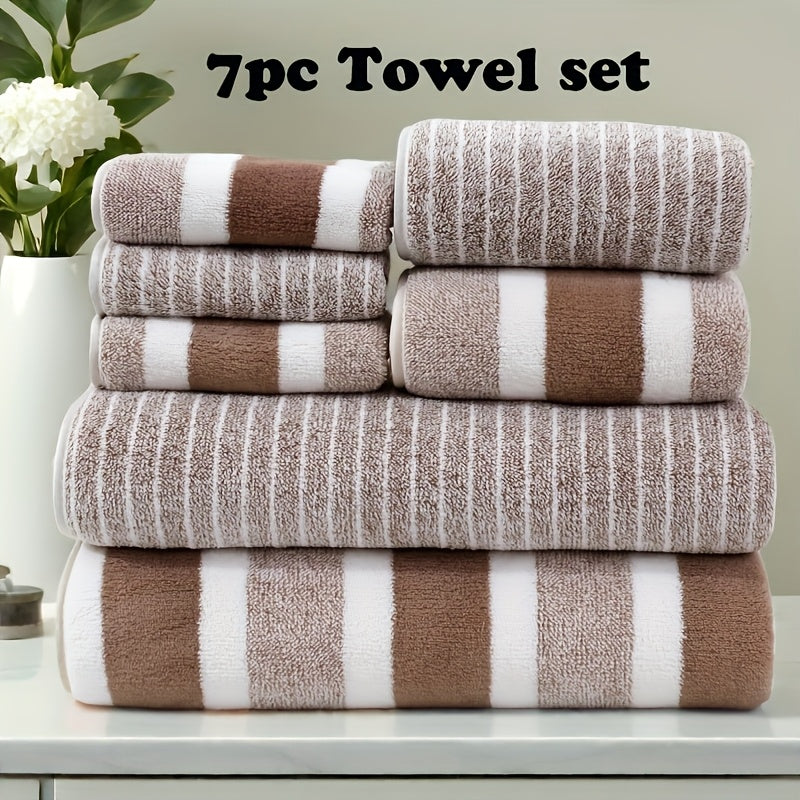 7pcs Striped Bath Towel Set - Contemporary Quick-Dry Towels, 85% Polyester 15% Nylon, Super Absorbent, Machine Washable, Oblong Shape for Home, Hotel, Gym, Travel - Ideal Bathroom Essentials