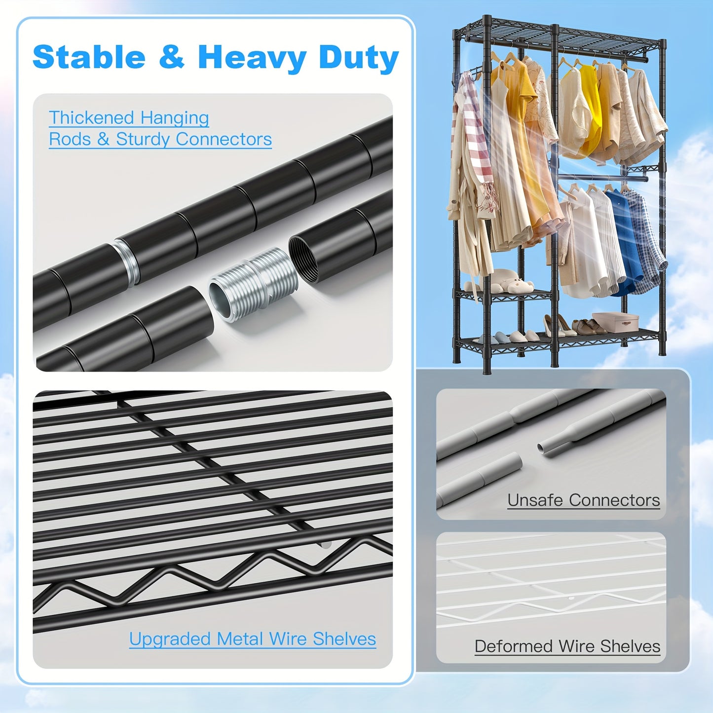 Heavy Duty Closet Clothes Rack Heavy Duty 500LBS Portable Closet Clothes Rack - Freestanding Wadrobe Closet Wire Garment Rack, Black