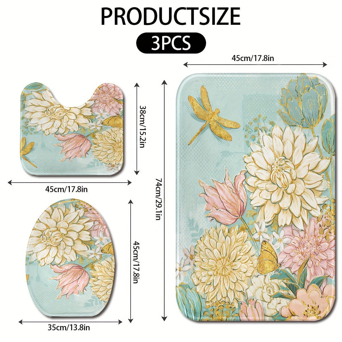 3-Piece Soft & Lightweight Floral Bathroom Rug Set: U-Shaped Toilet Seat Cover, Bath Mat, and Rug - Machine Washable for Bathroom Decor