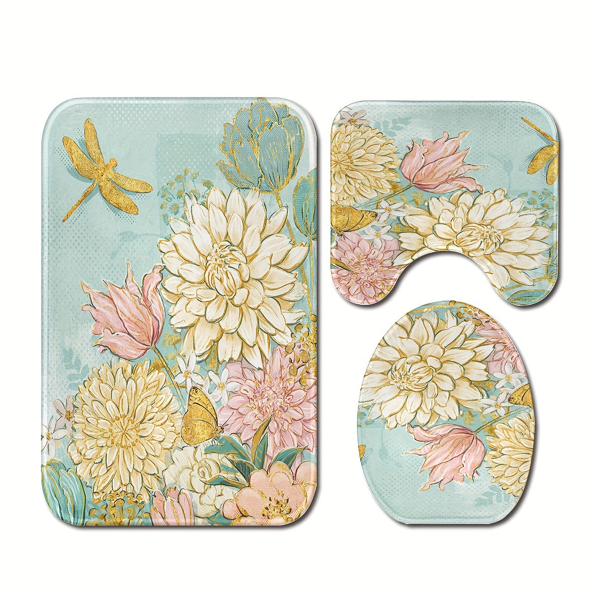 3-Piece Soft & Lightweight Floral Bathroom Rug Set: U-Shaped Toilet Seat Cover, Bath Mat, and Rug - Machine Washable for Bathroom Decor