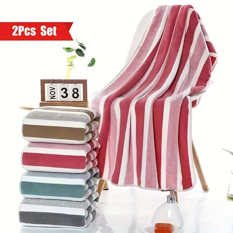 Deluxe Striped Towel Set Featuring a Short Hand Towel And a Long Bath Towel - Highly Absorbent, Fast-Drying, And Soft, Perfect for Family Use, Hotels, RV Trips, Outdoor Activities, Spas, And Salons - Comes with One Bath Towel And One Hand Towel.