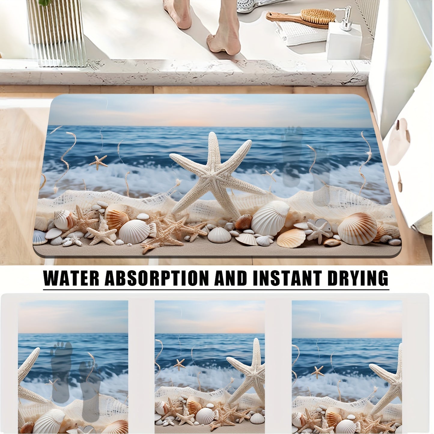 3-Piece Polyester Ocean Coastal Starfish Beach Bath Rugs Set - Machine Washable, Low Pile, Ground Mat, Toilet Seat Cushion, and U-Shaped Mat