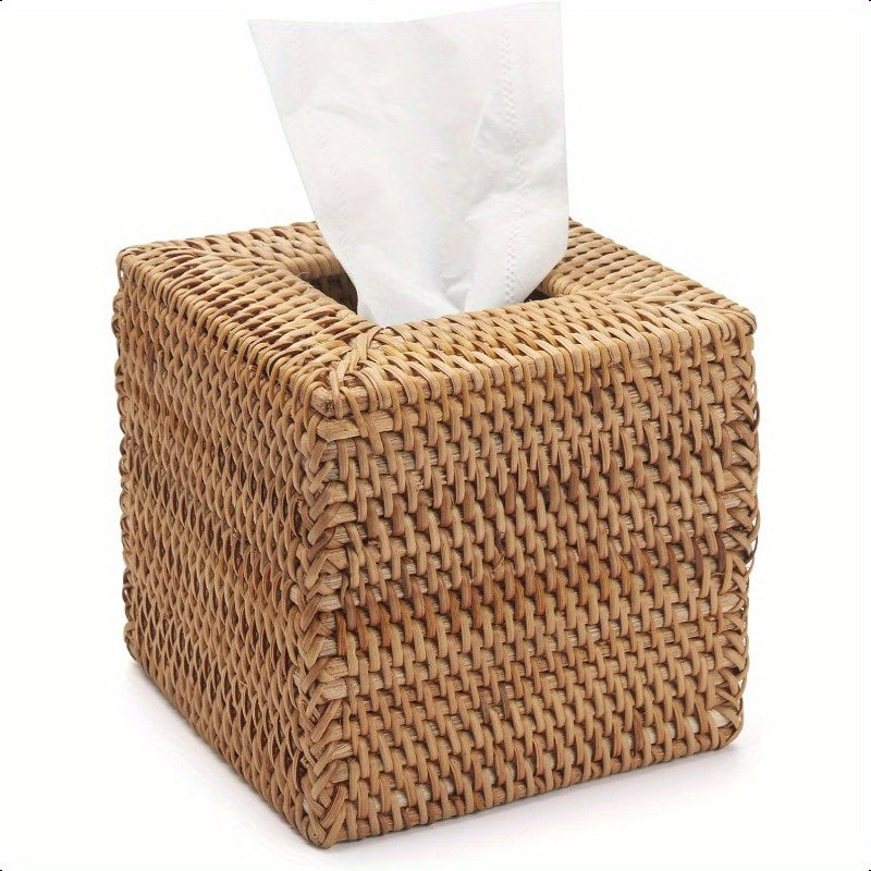 Natural Woven Rattan Tissue Box Cover - Stylish Square Napkin Holder with Lid, 5.5x5.5x5.9 Inch, Perfect for Kitchen & Dining Decor