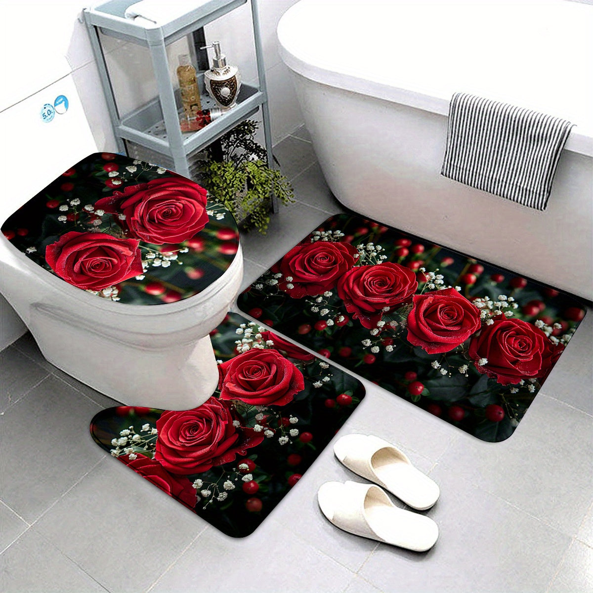 3pcs Beautiful Red Rose Pattern Bathroom Rugs, Bath Mat Set, Thickened Non-Slip Soft Fine Washable Rug, Bathroom Decorations, Set Includes Bath Blanket, Contour Mat And Toilet Lid Christmas Decoration
