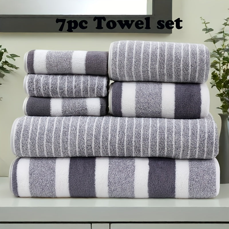 7pcs Striped Bath Towel Set - Contemporary Quick-Dry Towels, 85% Polyester 15% Nylon, Super Absorbent, Machine Washable, Oblong Shape for Home, Hotel, Gym, Travel - Ideal Bathroom Essentials