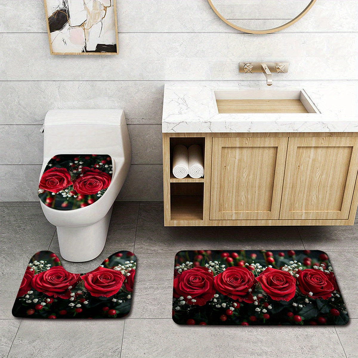3pcs Beautiful Red Rose Pattern Bathroom Rugs, Bath Mat Set, Thickened Non-Slip Soft Fine Washable Rug, Bathroom Decorations, Set Includes Bath Blanket, Contour Mat And Toilet Lid Christmas Decoration