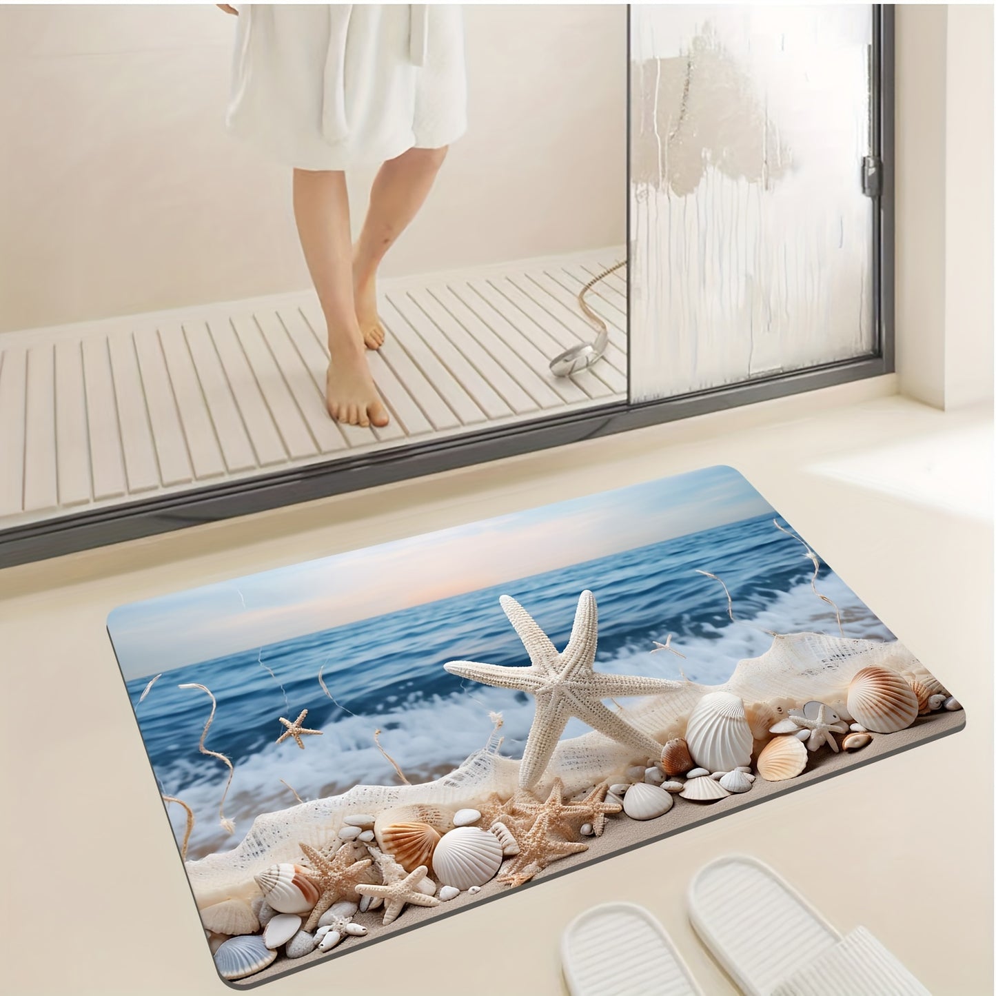 3-Piece Polyester Ocean Coastal Starfish Beach Bath Rugs Set - Machine Washable, Low Pile, Ground Mat, Toilet Seat Cushion, and U-Shaped Mat