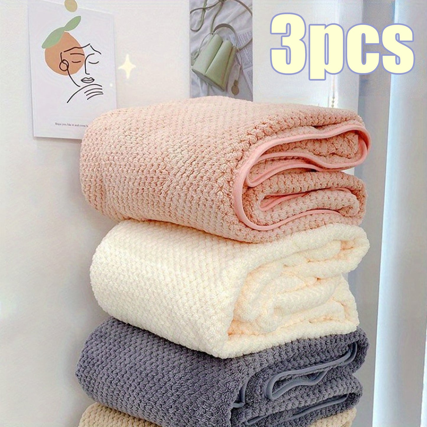 3pcs Super Soft Coral Fleece Pineapple Grid Bath Towel - Absorbent, Large Size - Ideal for Beach, Home, and Bathroom Use