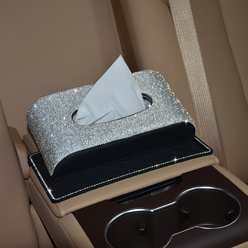 2pcs-Glittering Car Tissue Box Home Use Tissue Box Artificial Diamond Inlay Interior Supplies, Car Dashboard Anti-slip Mat. Kitchen, Office, Bathroom, Desktop, Bedroom Vanity Special Tissue Box
