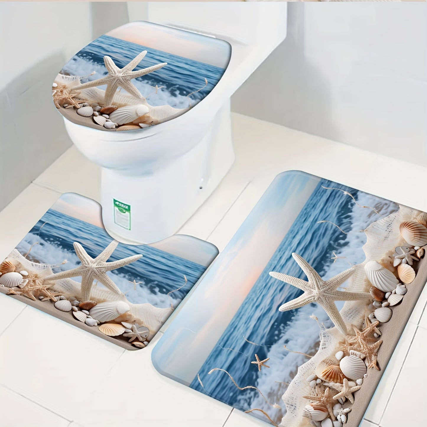 3-Piece Polyester Ocean Coastal Starfish Beach Bath Rugs Set - Machine Washable, Low Pile, Ground Mat, Toilet Seat Cushion, and U-Shaped Mat