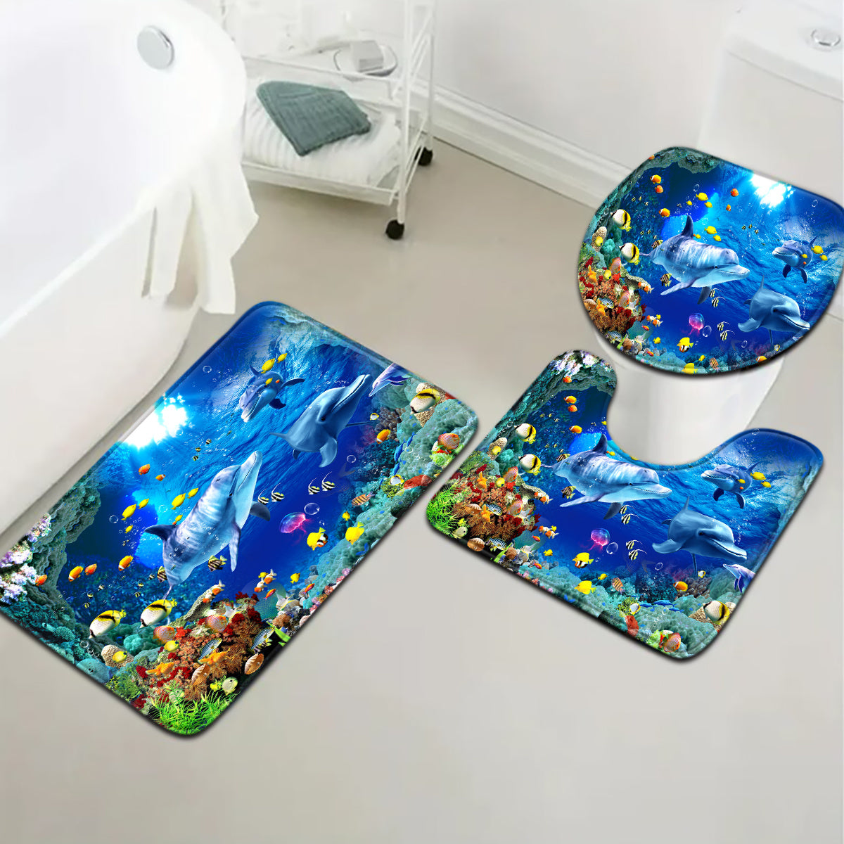 Open 3pcs Underwater World Series Colorful Jellyfish Dolphin Pattern Bathroom Mat Set Toilet Seat Ring U-shaped Foot Pad