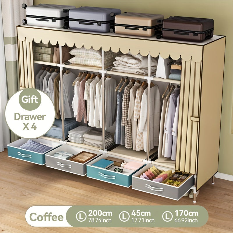 Simple Wardrobe with Drawers, Durable and Durable, Thickened, All-Steel Frame, Cloth Wardrobe, Storage for Rental Houses