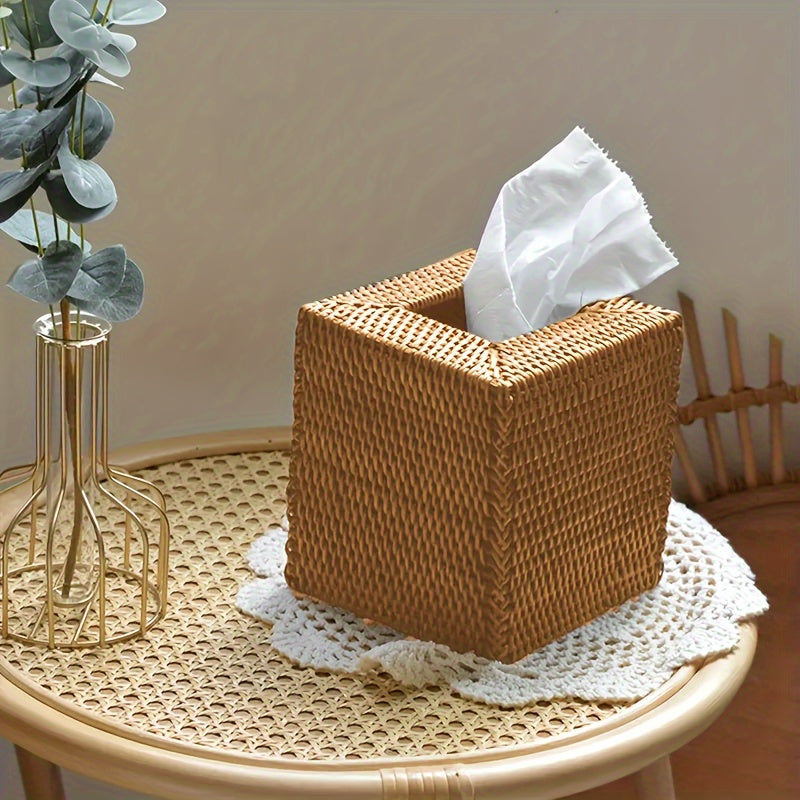 Handcrafted Square Rattan Tissue Box - Japanese Style Wicker Organizer for Desktop, Perfect for Kitchen, Bathroom, Bedroom & Office Decor