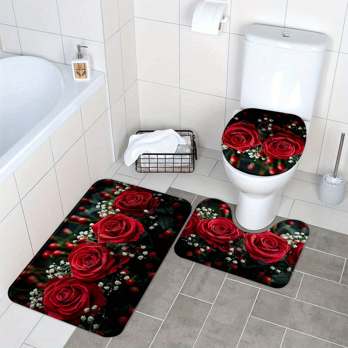 3pcs Beautiful Red Rose Pattern Bathroom Rugs, Bath Mat Set, Thickened Non-Slip Soft Fine Washable Rug, Bathroom Decorations, Set Includes Bath Blanket, Contour Mat And Toilet Lid Christmas Decoration