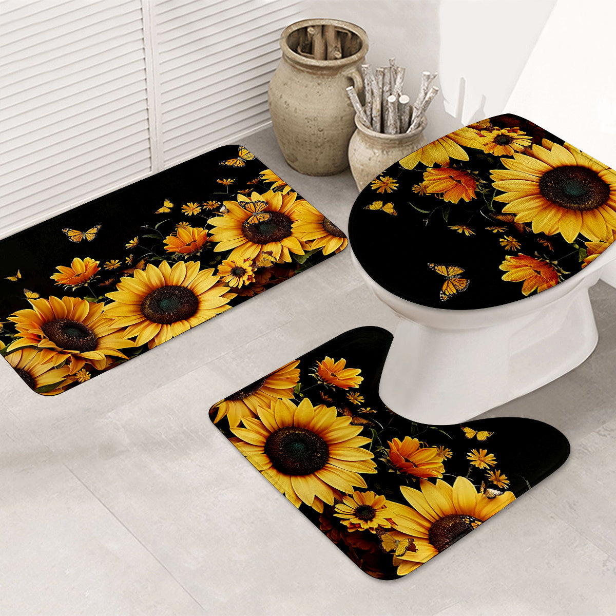 3pcs Sunflower & Butterfly Bathroom Rug Set - Thick, Non-Slip, Soft & Easy to Clean - Includes Bath Mat, Contour Pad & Toilet Lid Cover
