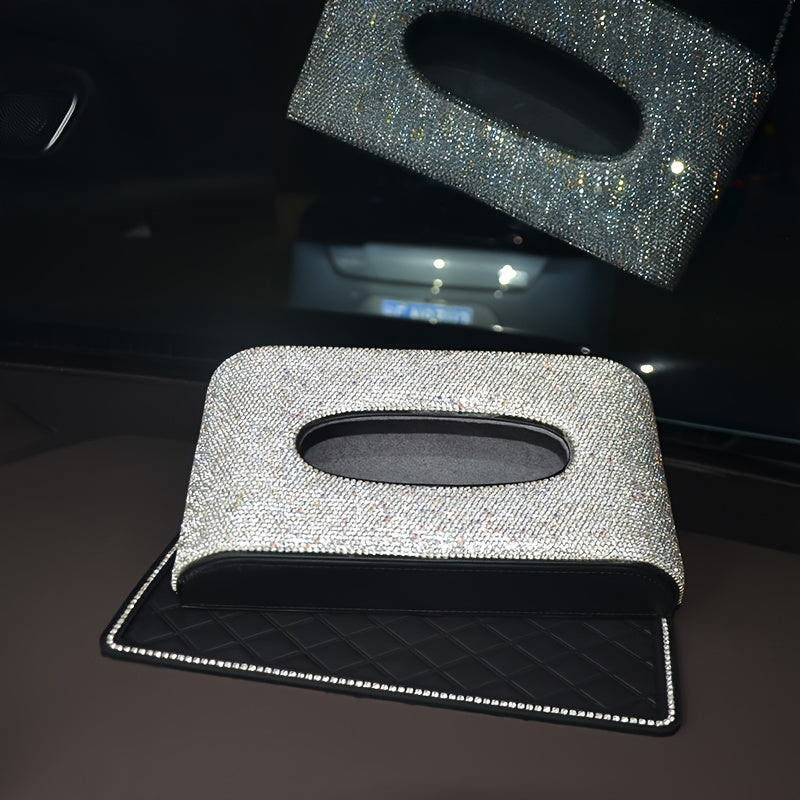 2pcs-Glittering Car Tissue Box Home Use Tissue Box Artificial Diamond Inlay Interior Supplies, Car Dashboard Anti-slip Mat. Kitchen, Office, Bathroom, Desktop, Bedroom Vanity Special Tissue Box