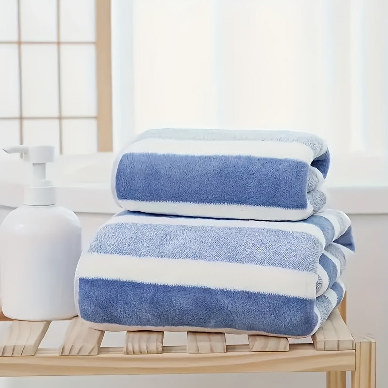 2pcs\u002Fset Ultra-Soft Striped Towel Set | 1 Bath Towel & 1 Hair Towel | Highly Absorbent Polyester | Autumn & Winter Comfort | Home Essentials