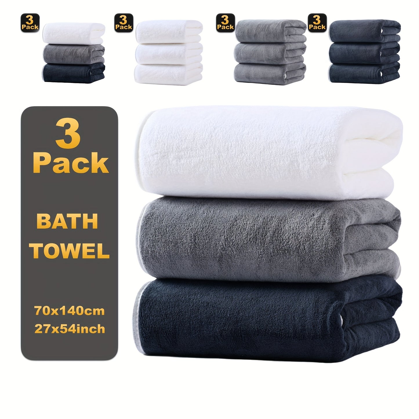 3pcs Warp knitted coral velvet Bath Towels Set, Soft Absorbent Towels, Suitable for Sensitive Skin Daily Use, 3 Bath Towels, Soft Skin-friendly Towel for Bathroom Gym Hotel Spa